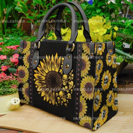 Discover Personalized Skull Sunflower Leather Handbag, Skull Leather Bag Gift