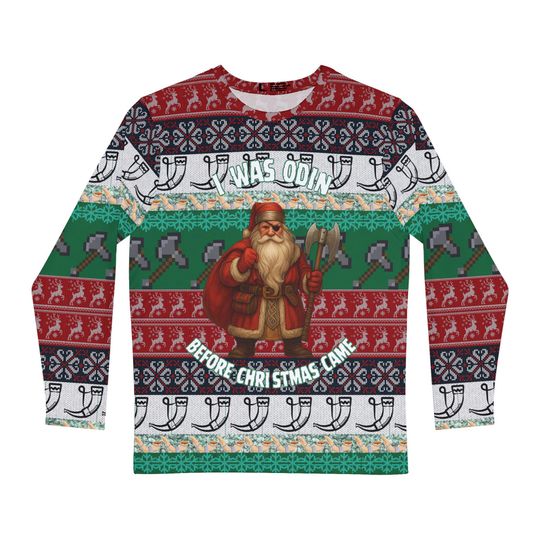 Discover Men's Christmas Printed "ugly sweater esq" Shirt, Holiday Apparel, Cozy Long Sleeve Tee, Festive Outfit, Viking Theme Shirt