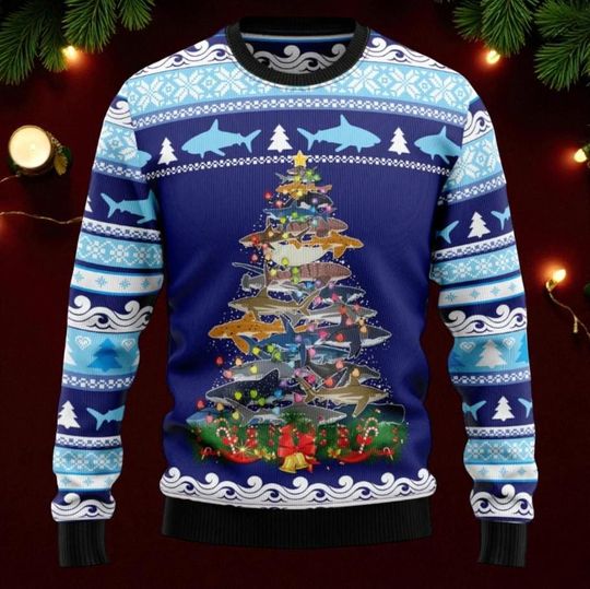 Discover Ugly Christmas Sweater with Shark & Christmas Tree, Funny Shark Xmas Sweater, Cute Holiday Jumper, Festive Gift for Men Women