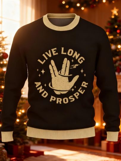 Discover Live Long And Prosper Ugly Sweater, Sci Fi Hand Sign Christmas Jumper, Space Fan Holiday Gift, Vulcan Salute Inspired Apparel, Movie Quote