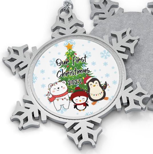 Personalized Pewter Snowflake Ornament: First Christmas, Wedding Gift