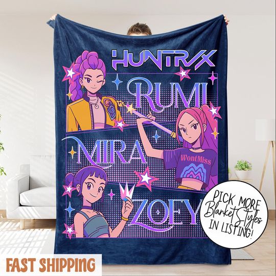 Discover Personalized Huntrix Girls Christmas Blanket  Custom K-Pop Demon Hunter Name Blanket  Cozy Winter Kids Throw