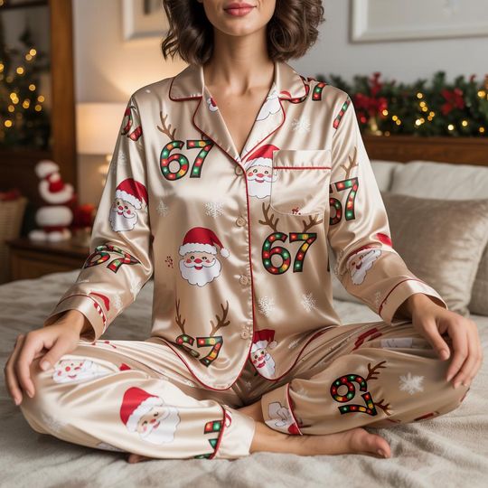 Discover Funny Santa Six Seven Meme Christmas Pajamas Set, Trending 67 Pajamas, Santa Says Six Seven Xmas Pajamas, Christmas Pajamas, Family Pajamas