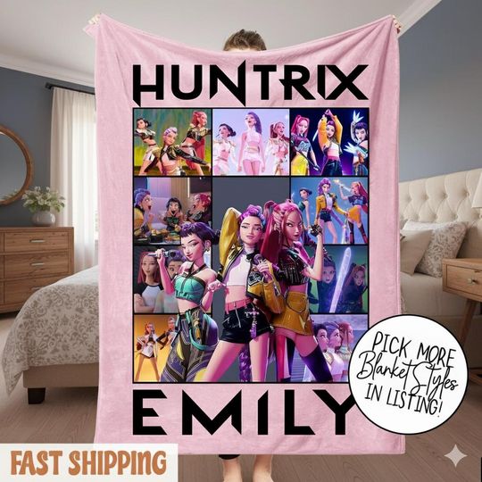 Discover Personalized Huntrix Girls Christmas Blanket | Custom Name K-Pop Demon Hunter Blanket