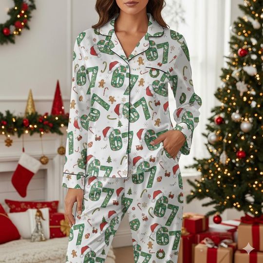 Discover Funny Six Seven Meme Christmas Satin Pajamas Set with Pockets, Trending 67 Matching Holiday PJs, Kids & Adults Santa Gift