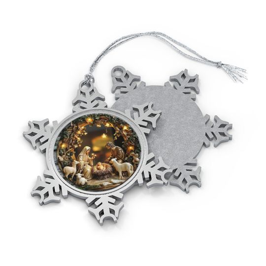 Discover Pewter Snowflake Christmas Ornament: Nativity Scene Holiday Keepsake