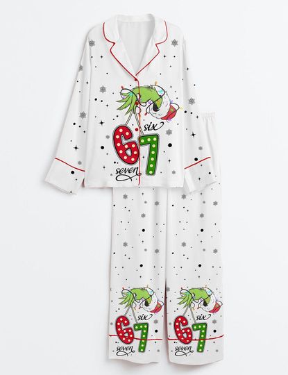 Discover Womens Trending Six Seven Christmas funny character Santa Long Sleeve Satin Pajama Set
