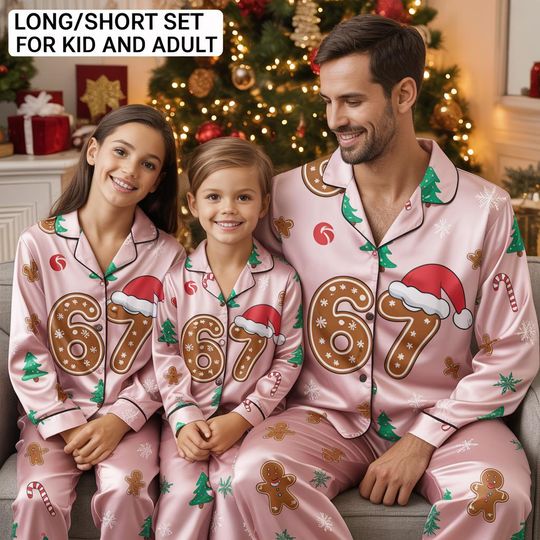 Discover 67 Pajamas Satin Pajamas set, Matching Family, Six Seven Meme Sleep Set, Funny Christmas 67 Pajama Outfit, Family Holiday Sleepwear Set