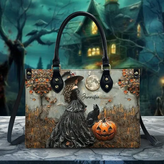 Discover Personalized Beautiful Witch Black Cat And Pumpkin Leather Handbag Gift