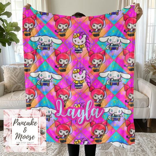 Discover Personalized Kitty Kpop Blanket | Custom Name Minky Velveteen Throw