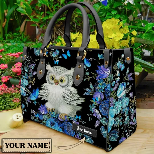 Discover Personalized Snowy Owl Flowers Leather Handbag, Unique Snowy Owl Leather Handbag