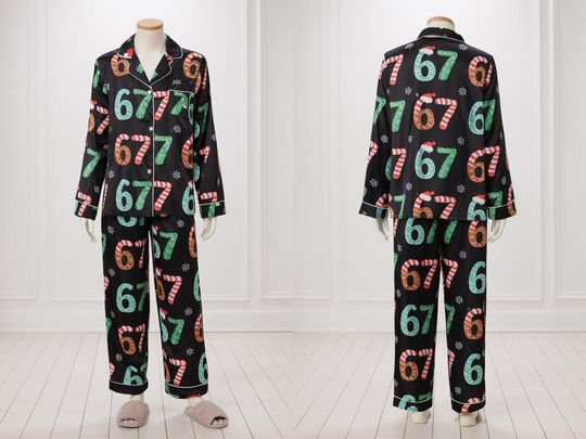 Discover Six Seven Meme Christmas Contrast Pajamas Set For Women And Kids, Funny Christmas PJs, Viral Number Print Sleepwear,Matching Xmas Loungewear