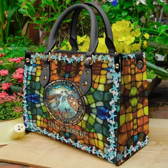 Personalized So Many In The Sea Turtle Leather Handbag, Turtle Leather Handbag