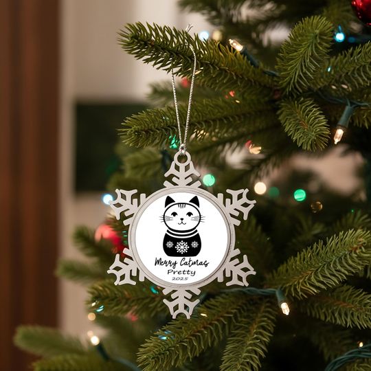 Merry Catmas Ornament 2025  Personalized Cat Lover Pewter Snowflake Ornament, Custom Pet Name Xmas Gift for Cat Moms & Dads, Bulk Pet Gift