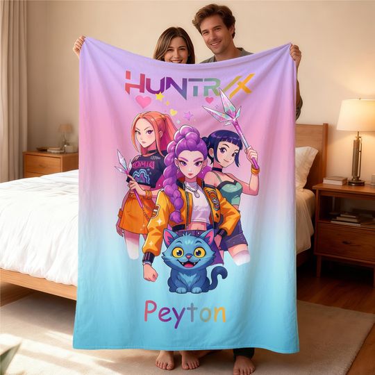 Discover Personalized Cozy Kpop Demon Hunters Blanket with Name, Huntrix Anime Inspired, Christmas Gift