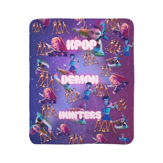 Discover Kpop Demon Hunters Cozy Sherpa Blanket Gift, Anime Inspired Pink Kids Blanket, Huntrix Theme, Christmas Family Gift