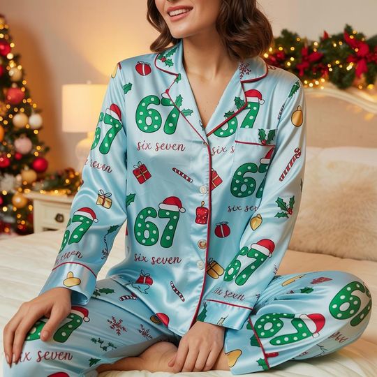 Discover Funny Six Seven Meme Christmas Satin Pajamas Set, Trending 67 Family Matching Pajamas, Funny Christmas Pajamas, Santa Says Six Seven Gifts