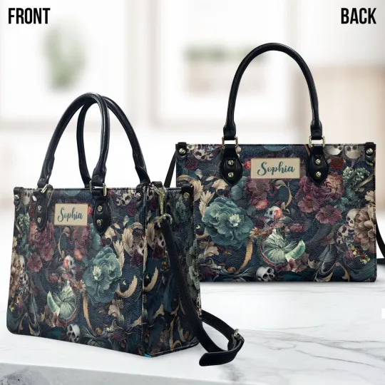 Discover Personalized Skull And Flower Leather Handbag, Floral Skull Leather Handbag Gift