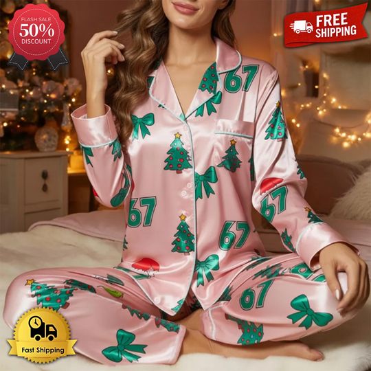 Discover Funny Six Seven Meme Christmas Satin Pajamas Set, Trending 67 Family Matching Pajamas, Funny Christmas Pajamas, Santa Says Six Seven Gifts