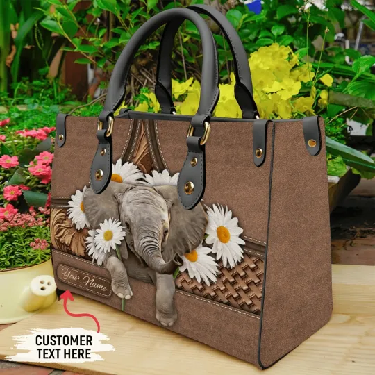 Discover Personalized Vintage Elephant Flowers Leather Handbag, Elephant Leather Handbag