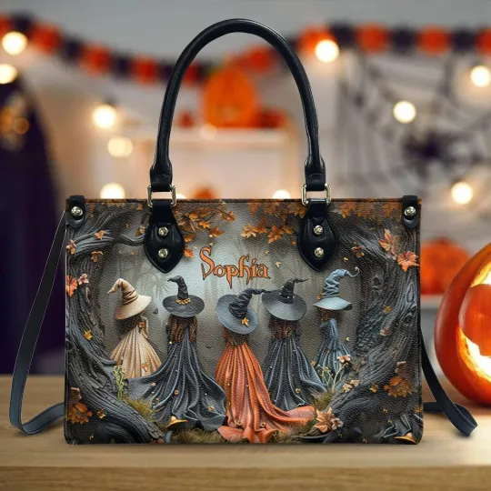 Personalized Witches In The Forest Leather Handbag, Pretty Witch Leather Handbag
