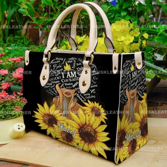 Discover Personalized Black Girl Sunflower Leather Handbag, Black Queen Leather Bag Gift