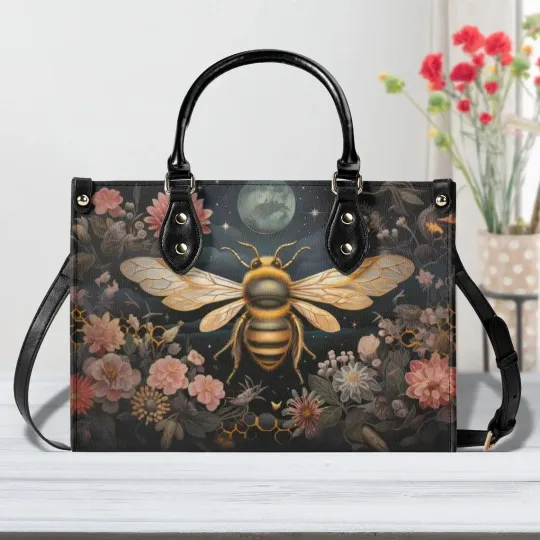 Discover Bee Moon Wildflowers Leather Handbag, Hippie Bee Leather Bag Gift