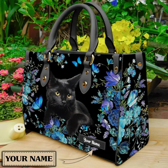 Discover Personalized Black Cat Butterflies Leather Handbag, Lovely Cat Leather Handbag