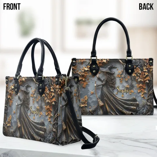 Personalized Witch Under The Autumn Tree Leather Handbag, Witch Leather Handbag