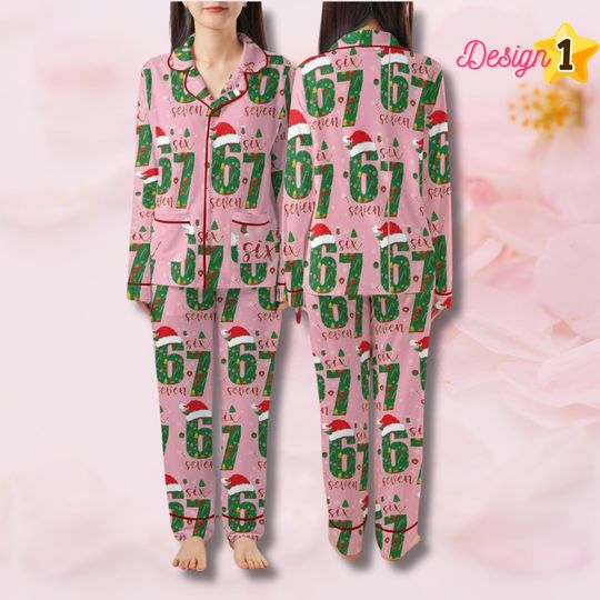 Pink Christmas Pajama Set  Number Pattern PJ, Button Up Top with Pockets & Elastic Pants, Soft 4 Way Stretch Poly Spandex, Cozy Sleepwear