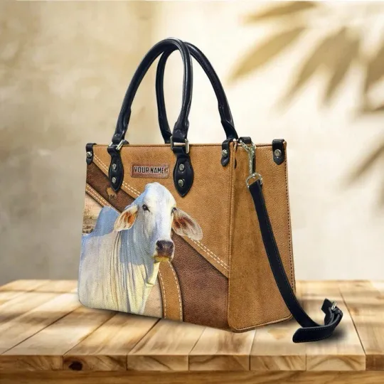 Discover Personalize Brahman Cattle Leather Handbag, White Cow Vintage Leather Handbag