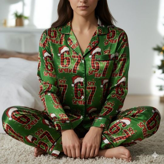 Discover Funny 67 Plaid Christmas Satin Pajamas Set, Trendy Christmas Sleepwear, 6 7 Meme Pajamas, Six Seven Xmas Pajamas, Family Christmas Pajamas