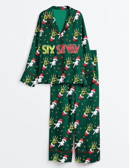 Discover Womens Trending Six Seven Christmas funny character Santa Long Sleeve Satin Pajama Set