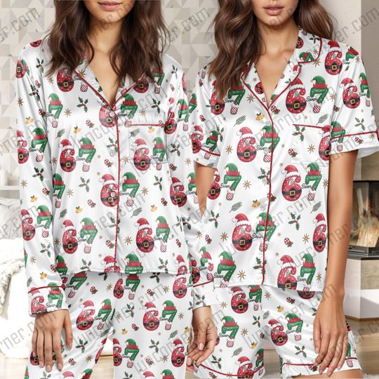 67 Christmas Satin Pajamas Set, Funny Six Seven Santa Pajama, Elf & Santa Hat Holiday Sleepwear, Festive Satin PJs for Women, Xmas Gift