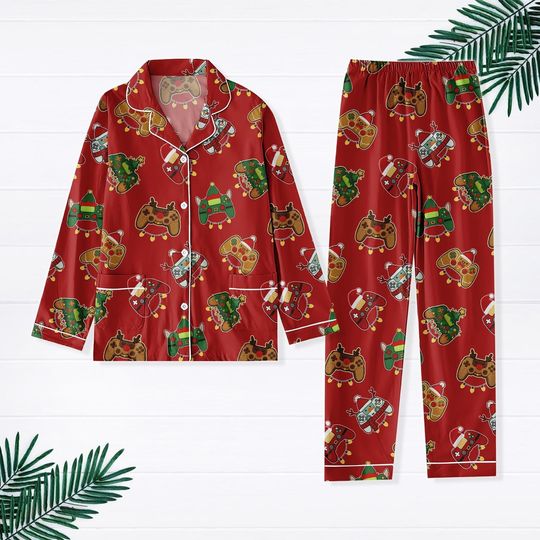 Gamer Christmas Pajamas, Funny Reindeer Xmas Pajamas, Video Game Holiday Pajamas, Xmas Party Gift