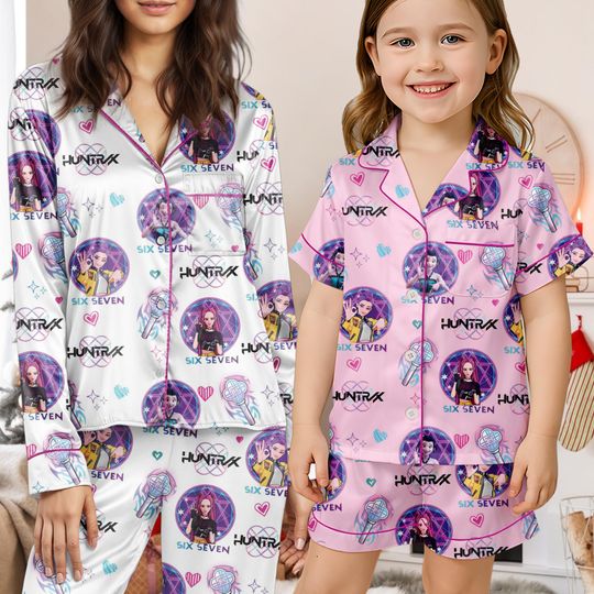 Six Seven 6 7 Meme Kpop Demon Hunters Satin Pajamas, Huntrix Six Seven Meme Pjset for Kid and Adult, Funny 67 Trend Social Media Sleepwear