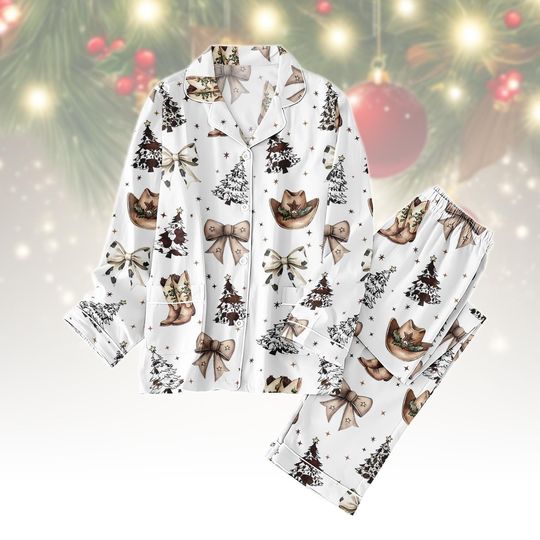 Western Christmas Coquette Pajamas Set, Cowboy Boots Hat Women Pajamas, Christmas Trees Sleepwear, Merry Xmas Loungewear For Family