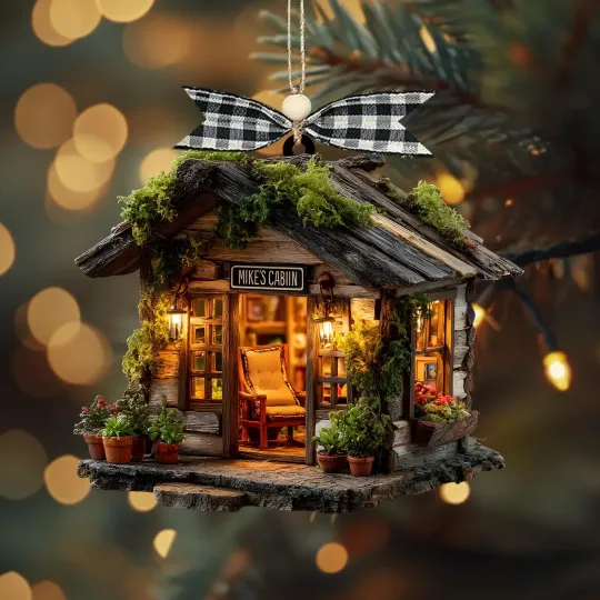 Discover Custom Name Woodland Cabin 2D Flat Ornament, Christmas Village Decor, Cozy Mossy