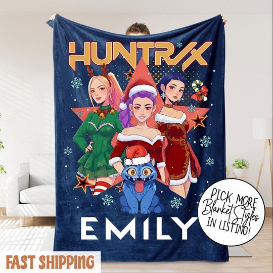 Discover Personalized K-Pop Demon Hunters Christmas Blanket with Name Cozy Winter Kids Throw
