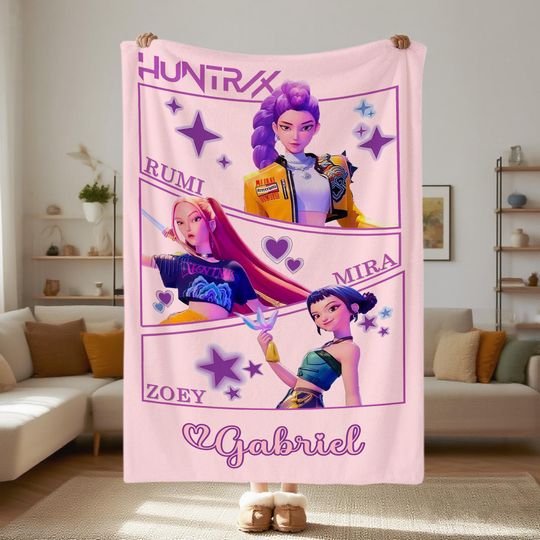 Discover Custom K-pop Demon Hunters Blanket with Name, Personalized Cozy Anime Huntraxx Character Throw, Christmas Gift, K-pop Gift for Kids Teens