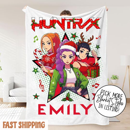 Personalized Huntrix Girls Christmas Blanket  K-Pop Demon Hunter Custom Name Blanket  Cozy Winter Kids Throw