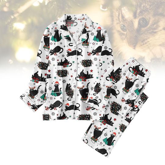 Discover Black Cat Christmas Pajamas Set, Funny Pet Lover Sleepwear, Cute Holiday Long Pajama, Cozy Festive Gift For Women, Xmas Holiday Pjs