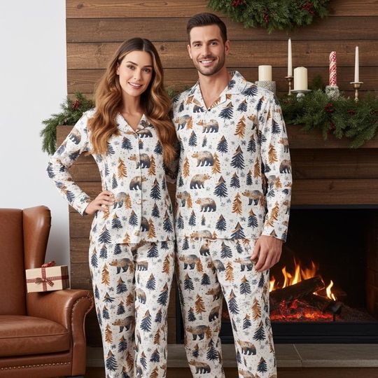 Discover Couples Matching Fall Winter Pajamas - Cabin Cozy Nordic Bears Holiday Fall Pajama Set