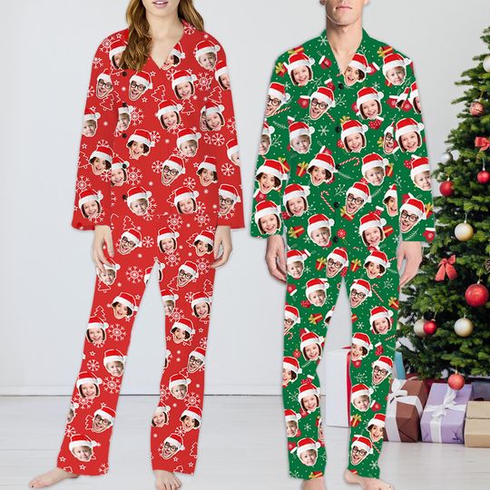 Custom Face Christmas Pajamas with Santa Hat: Personalized Family Pajama Set, Xmas Gift