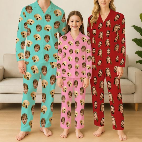 Discover Custom Face Kid Pajamas, Custom Photo Pajamas Set for Family, Personalized Long Sleeve Pjm Sets, Custom pajamas face, Funny Pet face Pajamas
