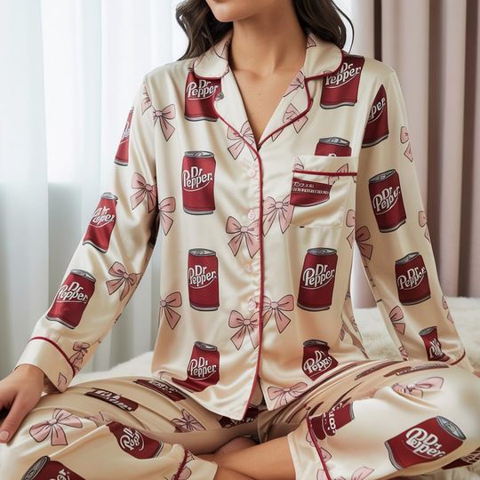 Discover Coquette Dr Pepper Satin Pajamas Set, Dr Pepper Soda Lover Pajamas, Drinks Lover Loungewear, Diet Pepper Sleepwear, Gift for Dr Pepper Lover