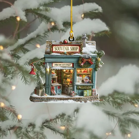Discover Souvenir Shop Christmas Ornament – Miniature Holiday Gift Store with Snow