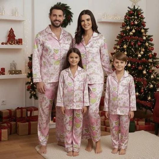 Discover Pink Green Christmas Satin Pajamas Set For Family Holiday