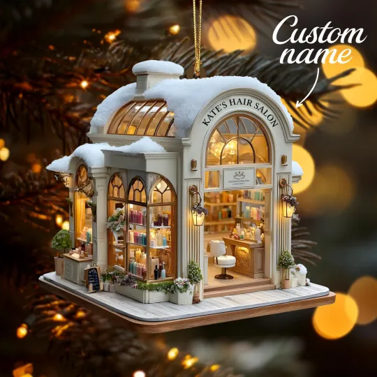 Discover Custom Name Hair Salon Christmas Ornament, Personalized Stylist Shop with Snowy