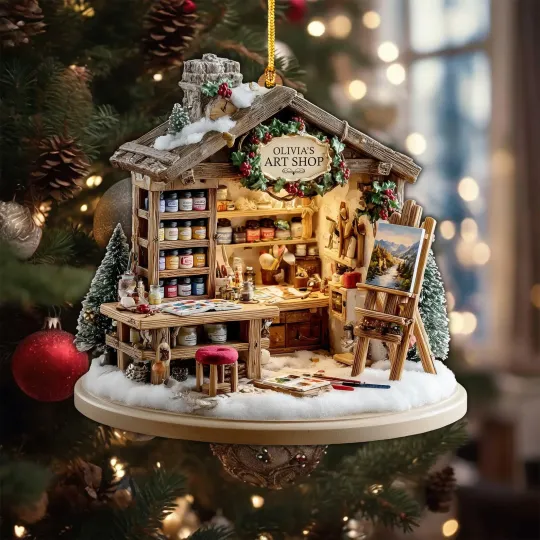 Discover Art Studio Christmas Ornament, Mini Painter Workshop with Easel, Paints & Wreath